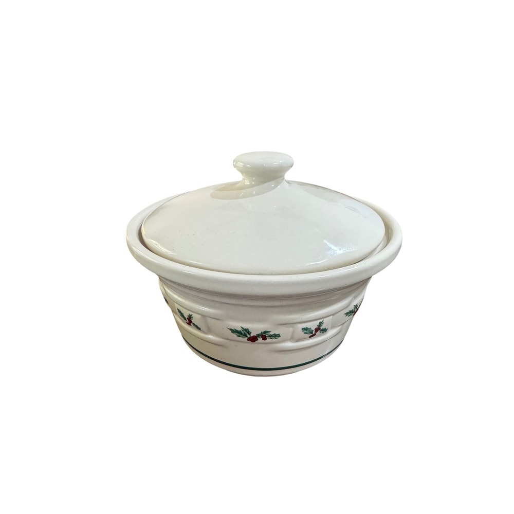Longaberger Pottery Casserole Dish Christmas Holly Basketweave Ivory small